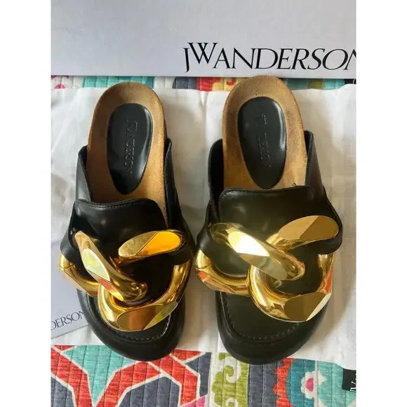 JW Anderson Chunky Napa Chain Slide Mules Black & Gold Size: 37 Women’s US 7